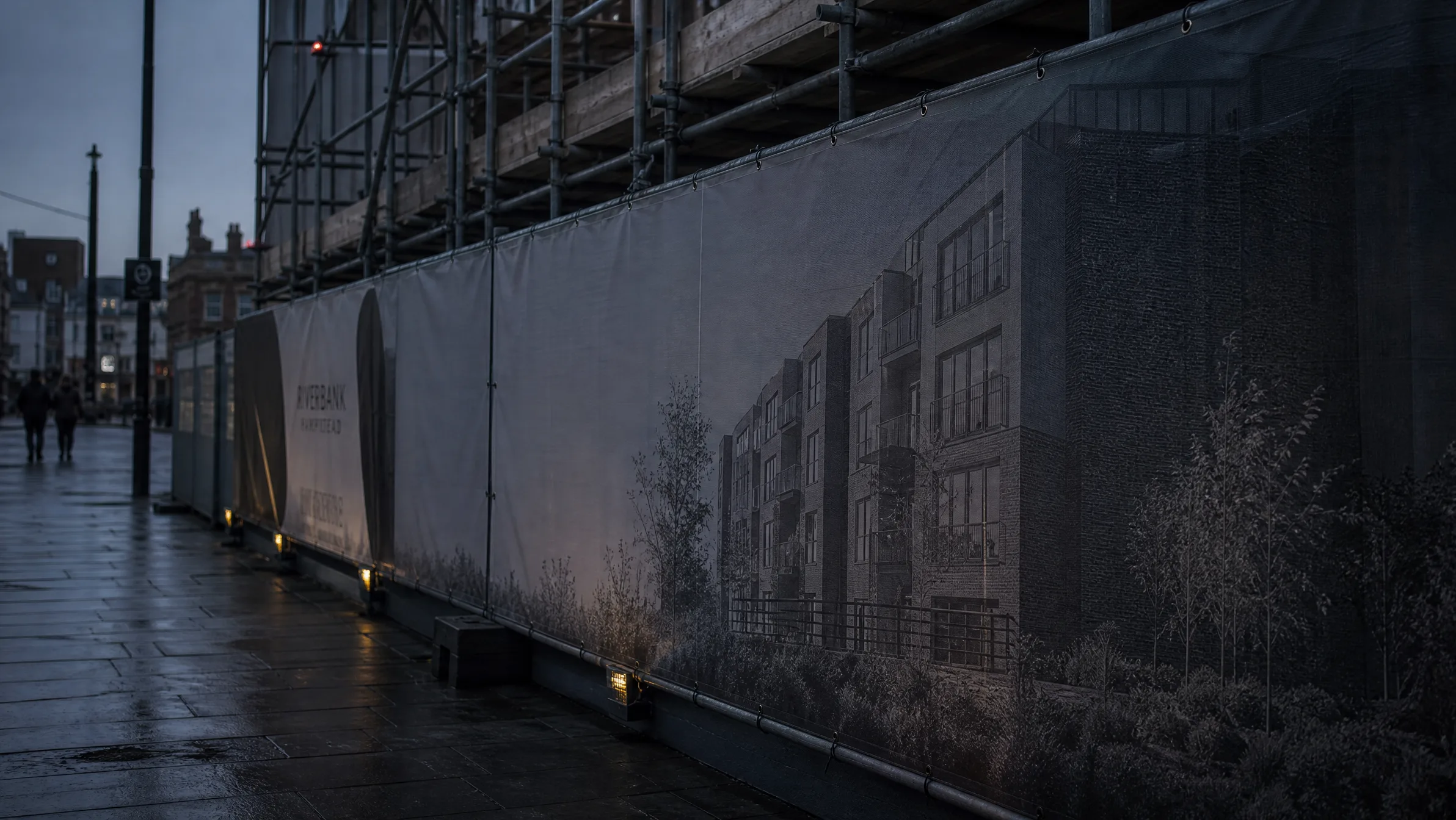 Printed banner tensioned across scaffolding