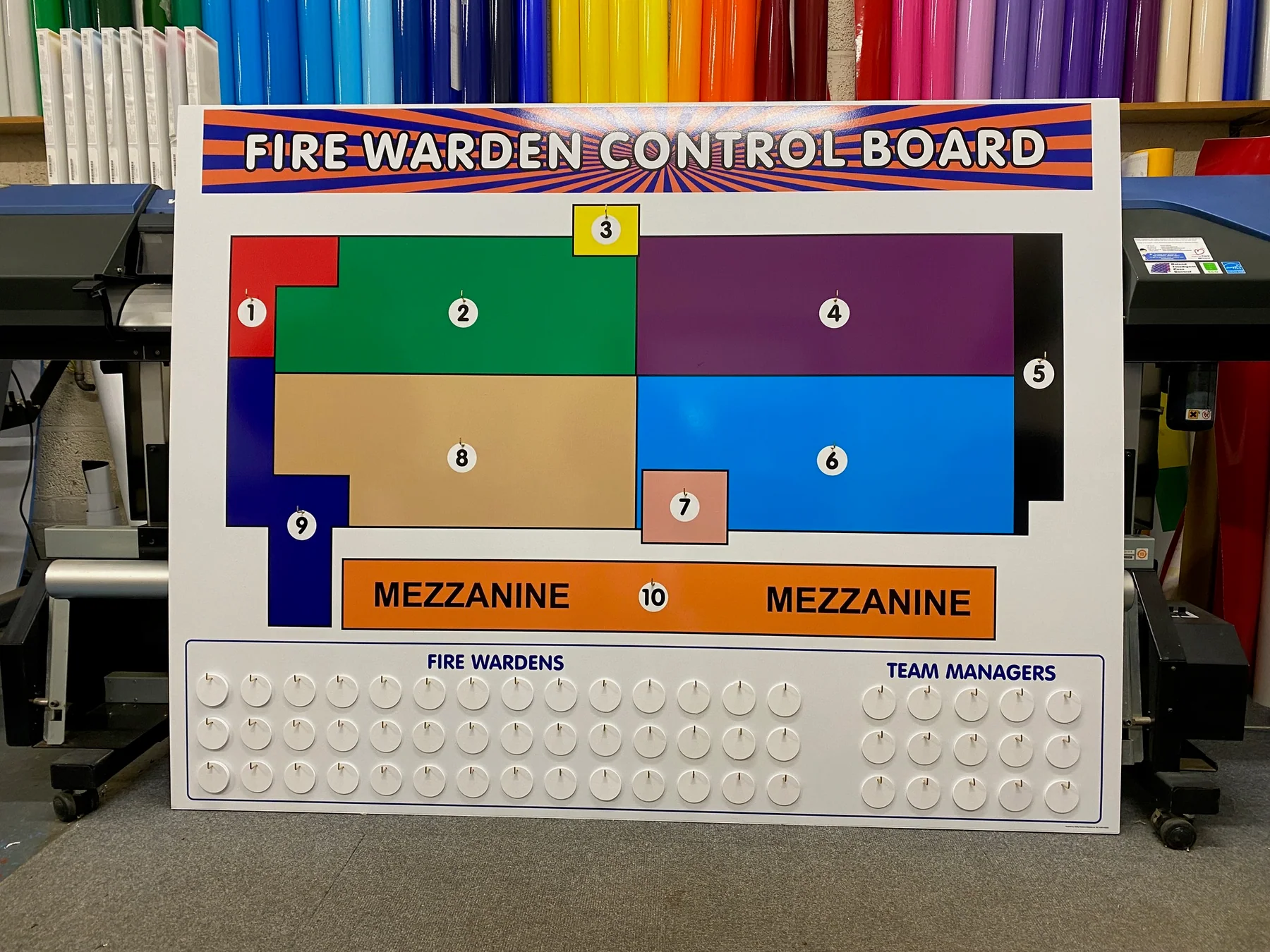 Colour-coded bespoke fire warden control board produced in The Sign Hub workshop