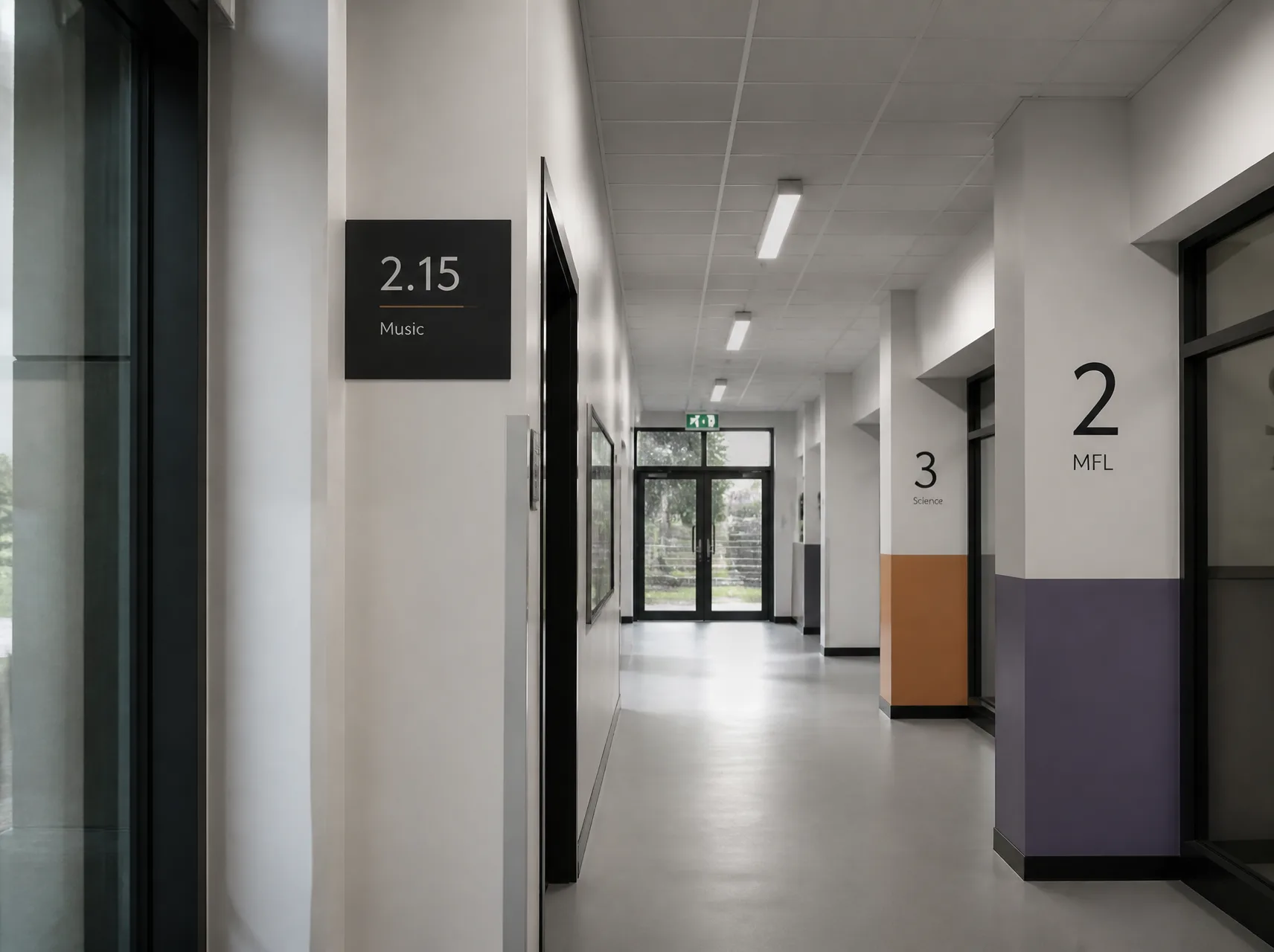 Interior wayfinding signage in a school corridor