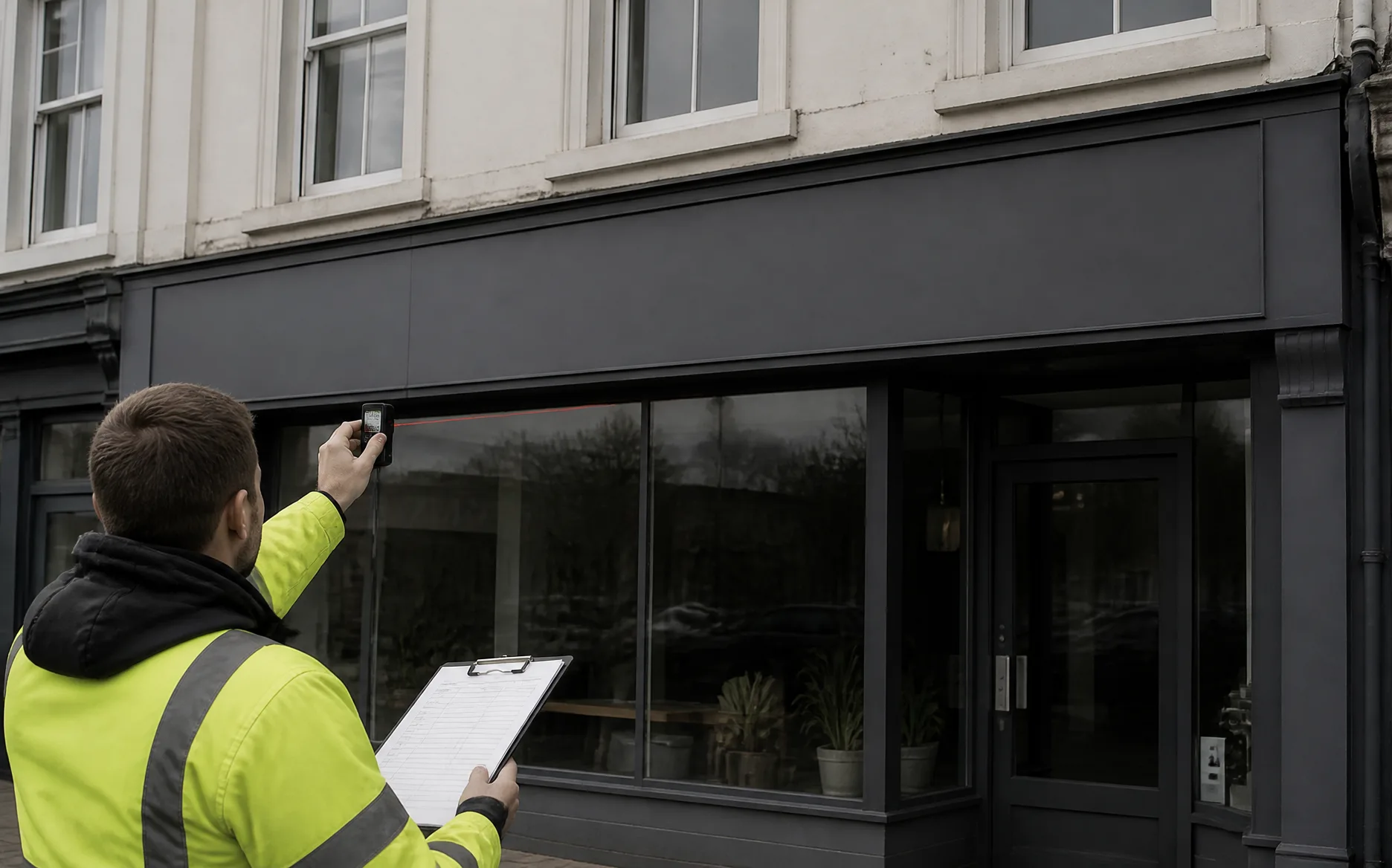 Surveyor measuring a shopfront fascia