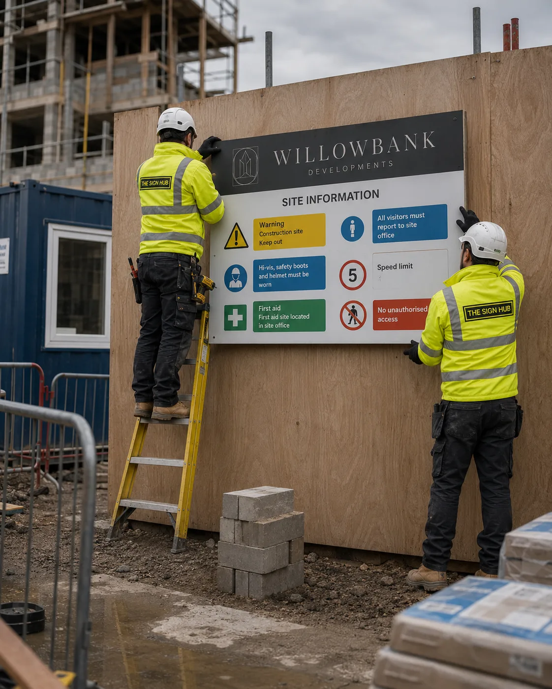 Statutory safety signage on a construction hoarding