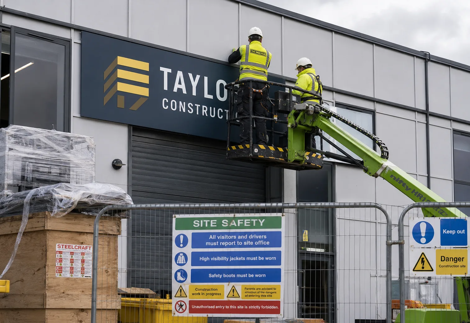 Signage being installed from a mast lift