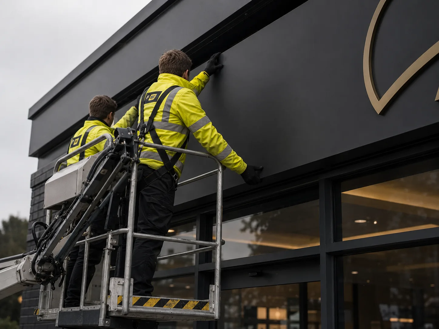 Industrial unit fascia installed from a boom lift