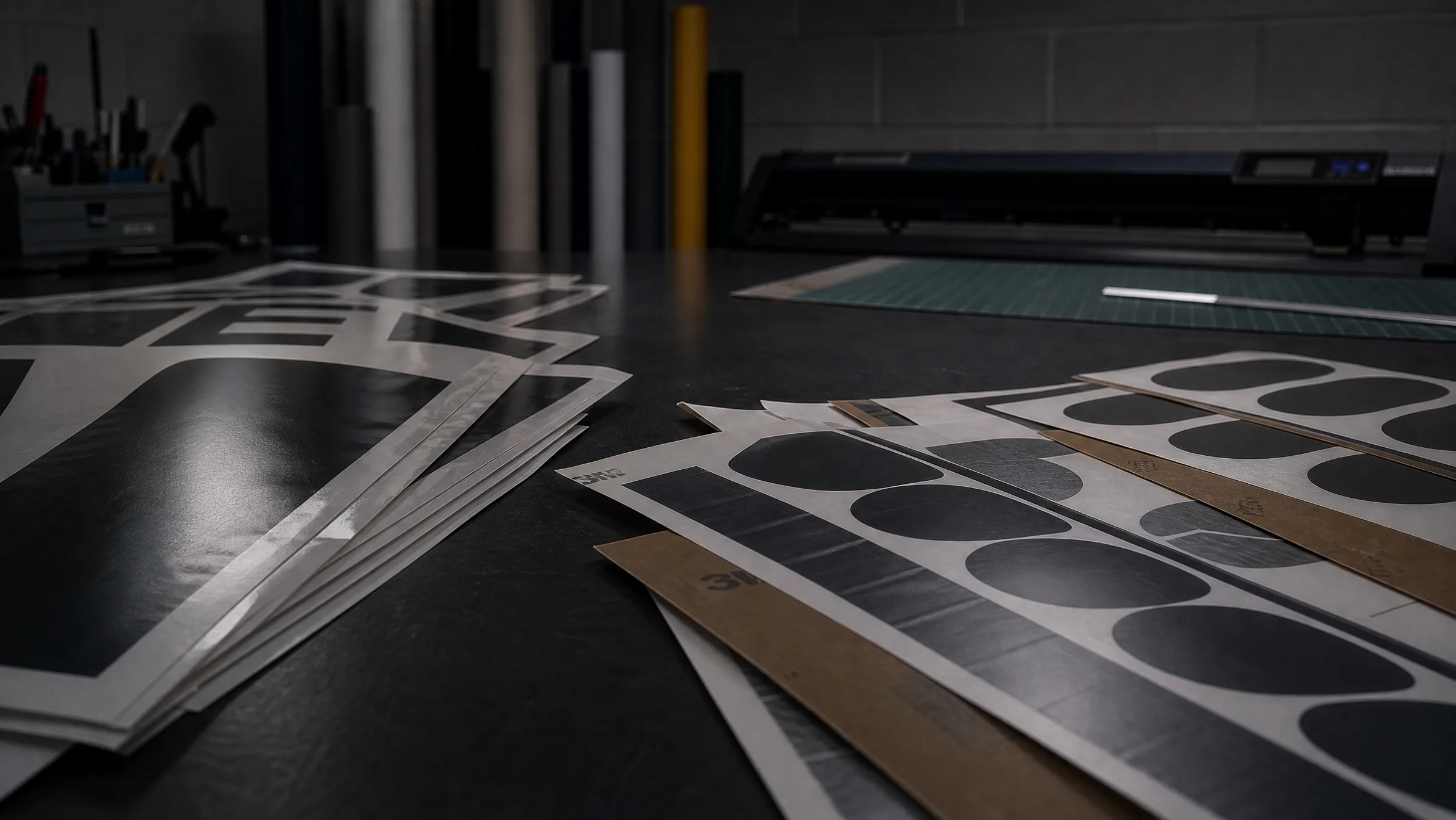 Sheets of cut vinyl stickers and printed labels on a workshop bench
