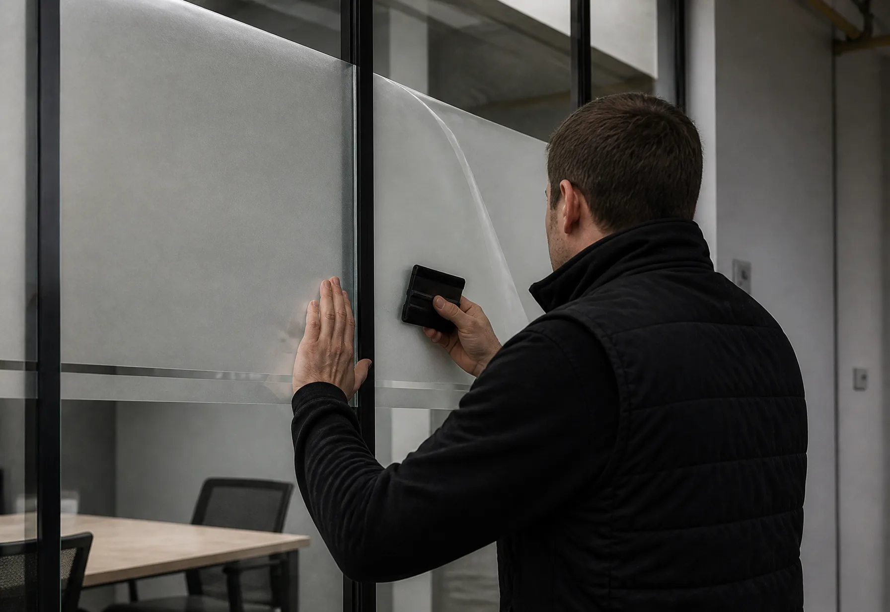 Frosted manifestation film being applied to glazing
